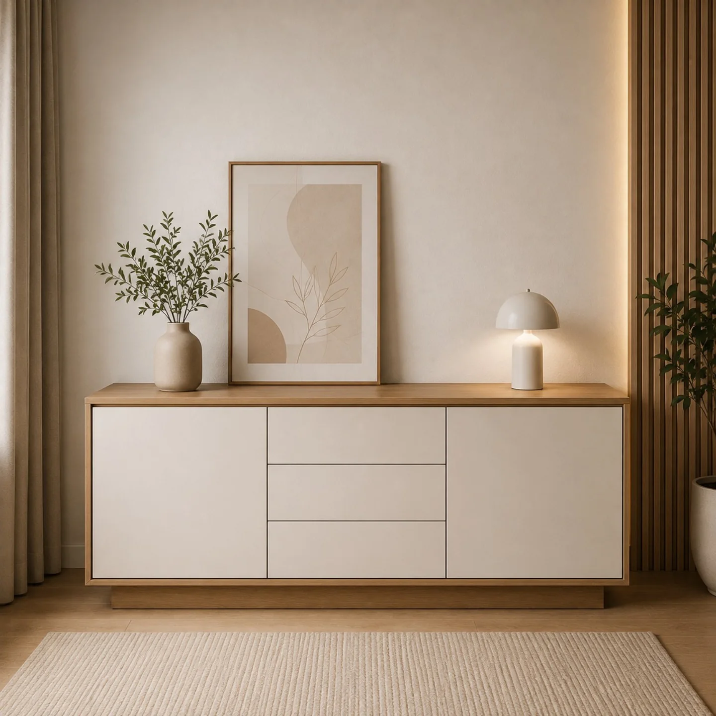 Custom furniture kabinet bernuansa kayu dan cream