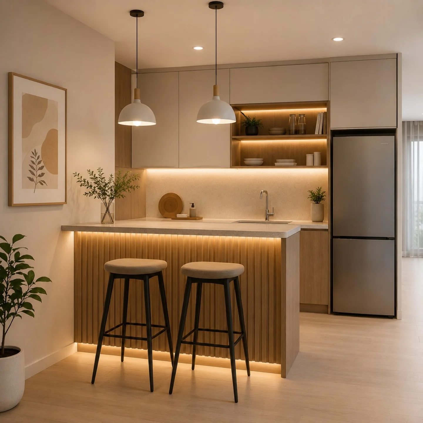 Kitchen bar custom minimalis dengan panel kayu dan pencahayaan hangat