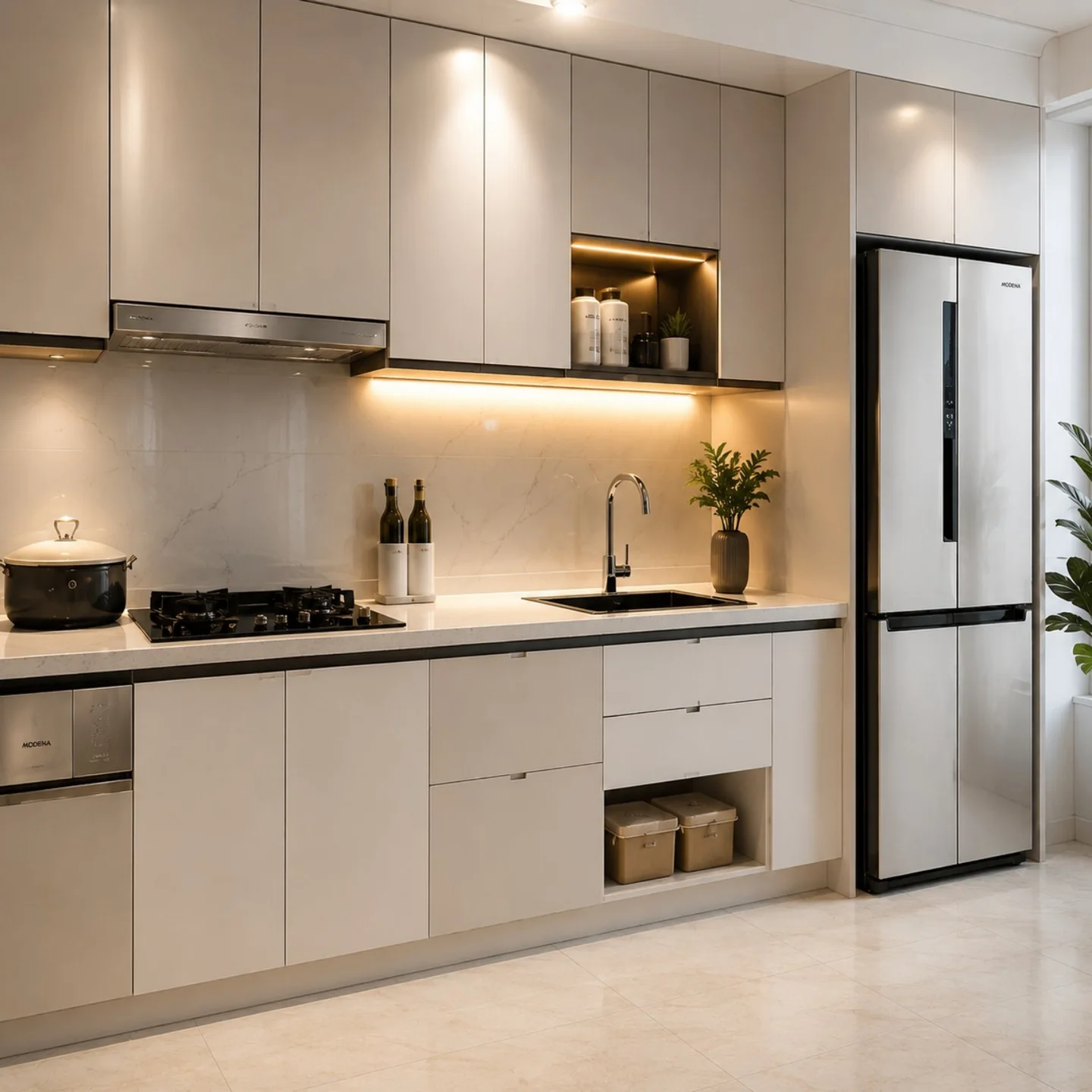 Kitchen set custom bernuansa cream dengan pencahayaan hangat