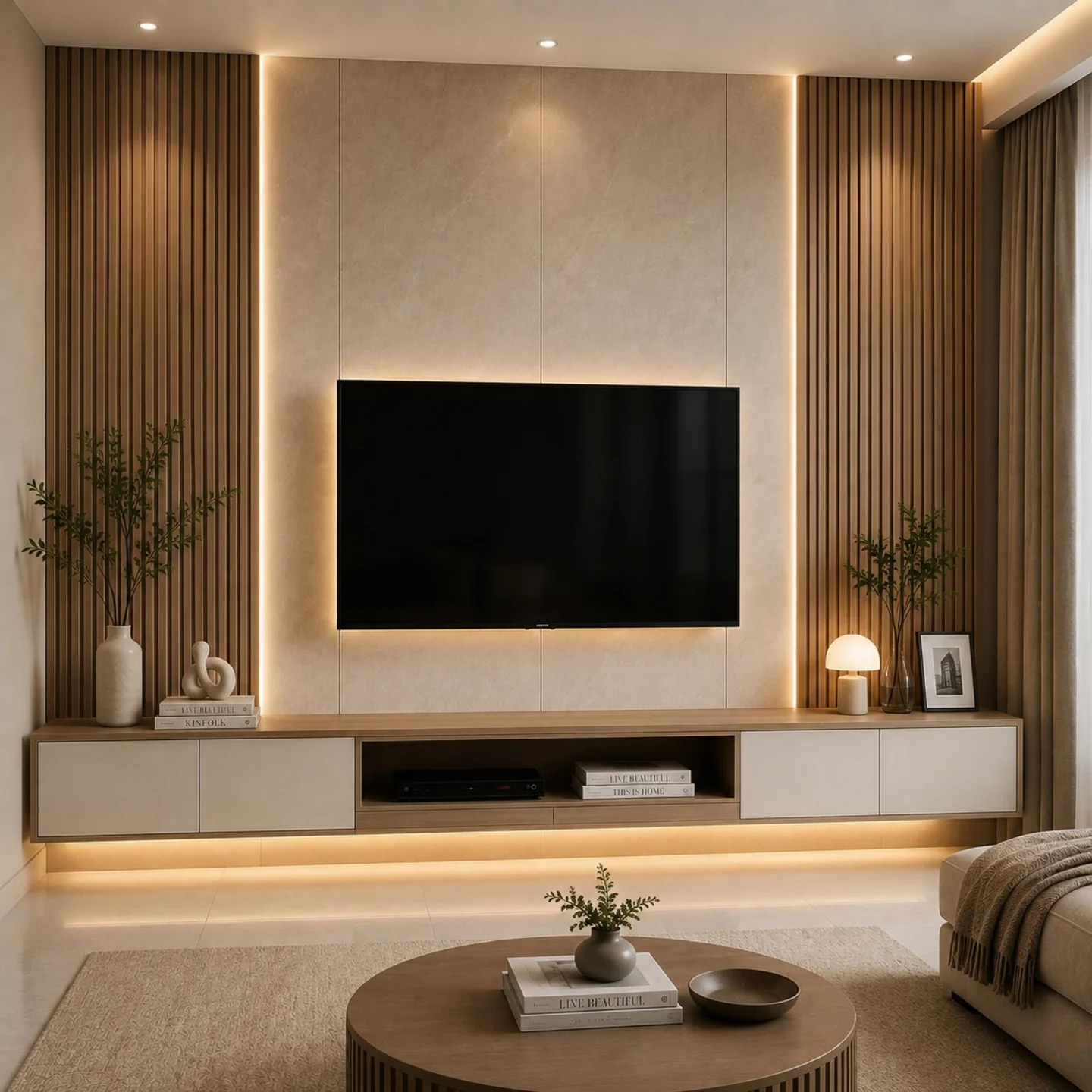 Wallpanel TV modern dengan kombinasi panel kayu dan pencahayaan indirect